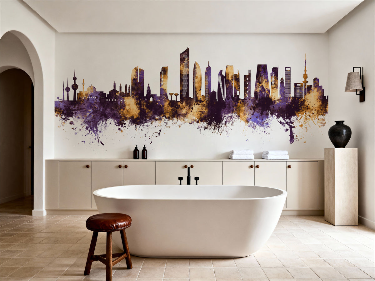 Kuwait City Skyline Purple & Gold Mural Wallpaper - room preview 04