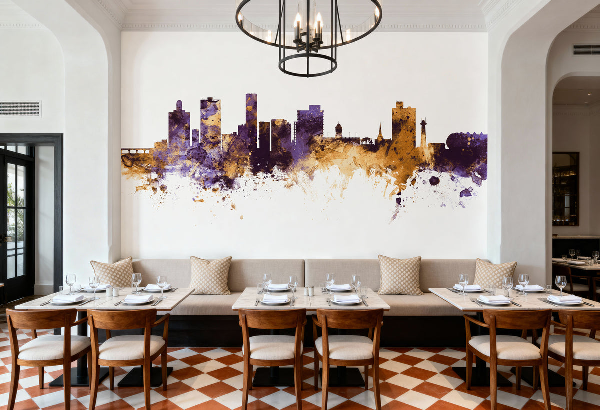Port Elizabeth South Africa Skyline Purple & Gold Mural Wallpaper - room preview 04