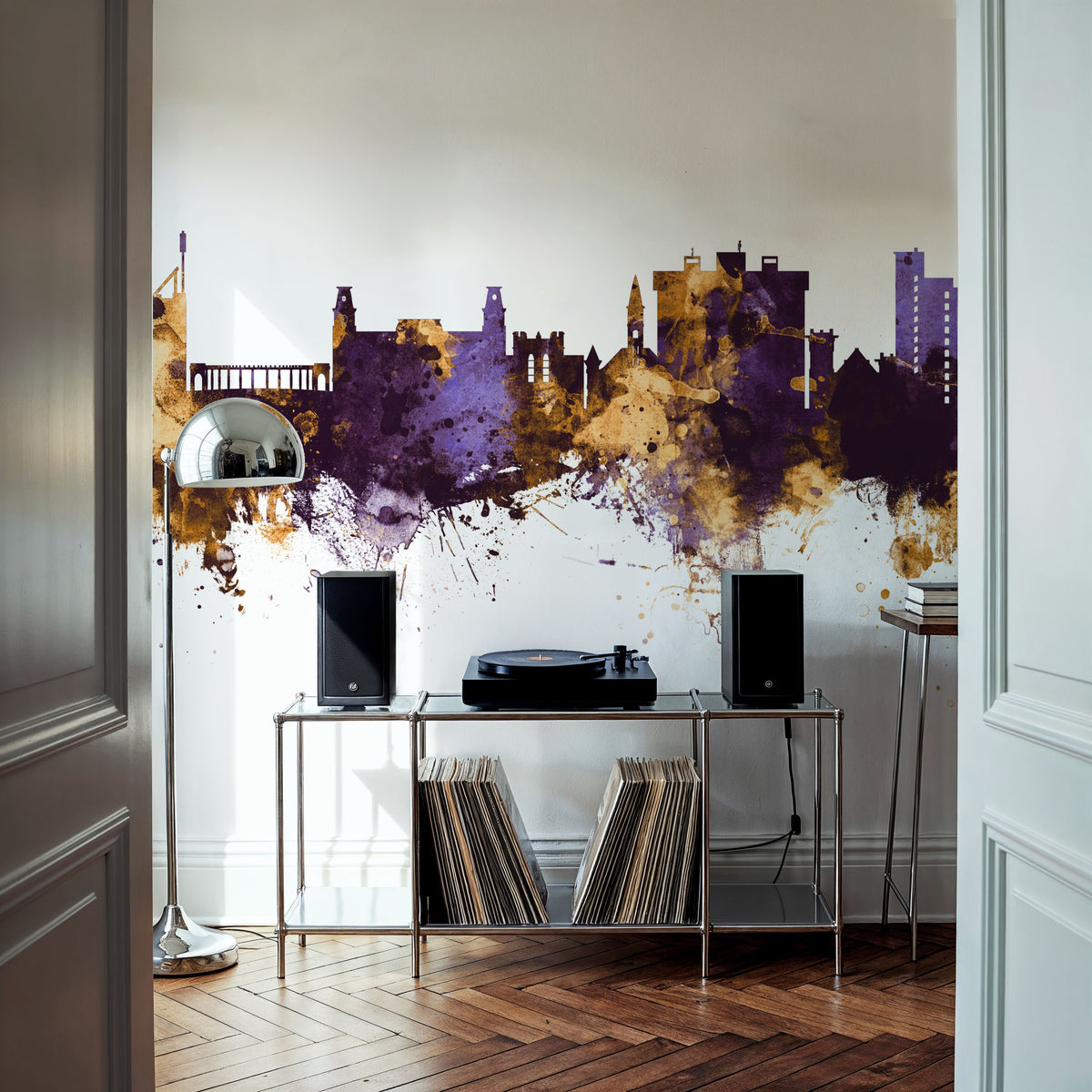 Fayetteville Arkansas Skyline Purple & Gold Mural Wallpaper - room preview 04
