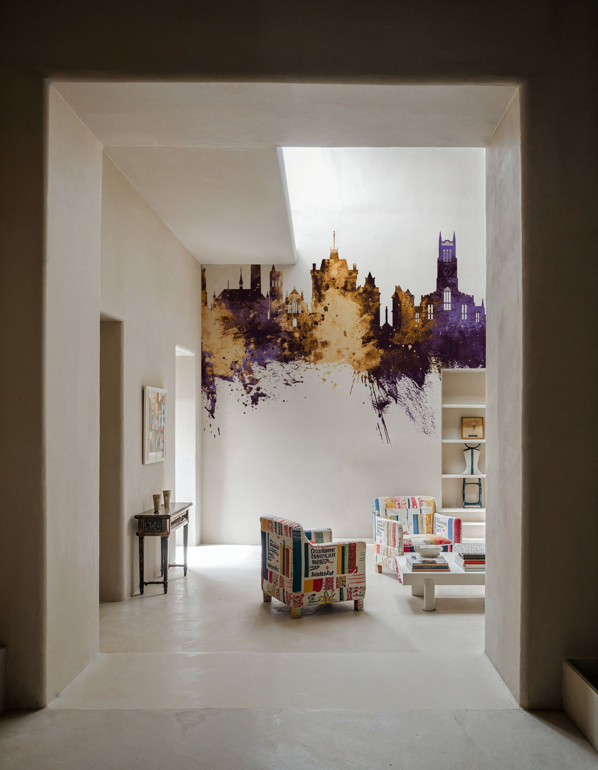 Huddersfield England Skyline Purple & Gold Mural Wallpaper - room preview 04