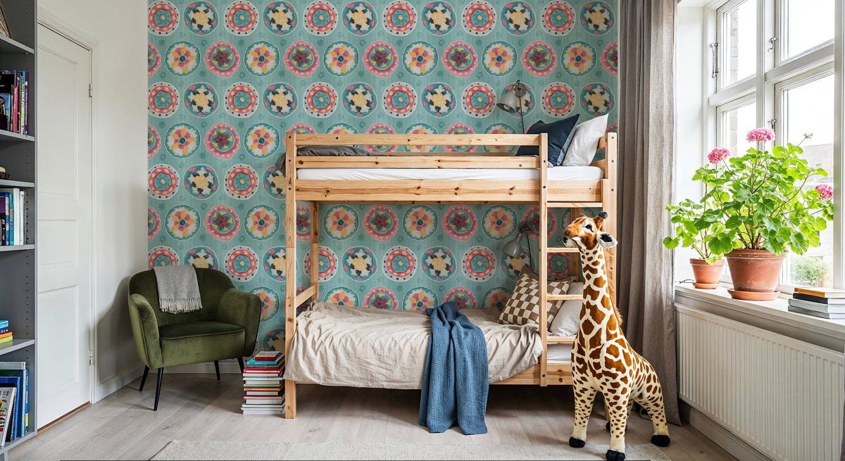 Boho Circles Blue Mural Wallpaper - room preview 04