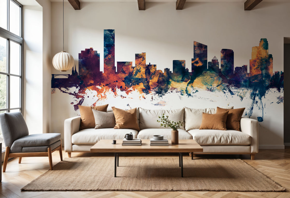 Grand Rapids Michigan Skyline Blue & Bronze Mural Wallpaper - room preview 04