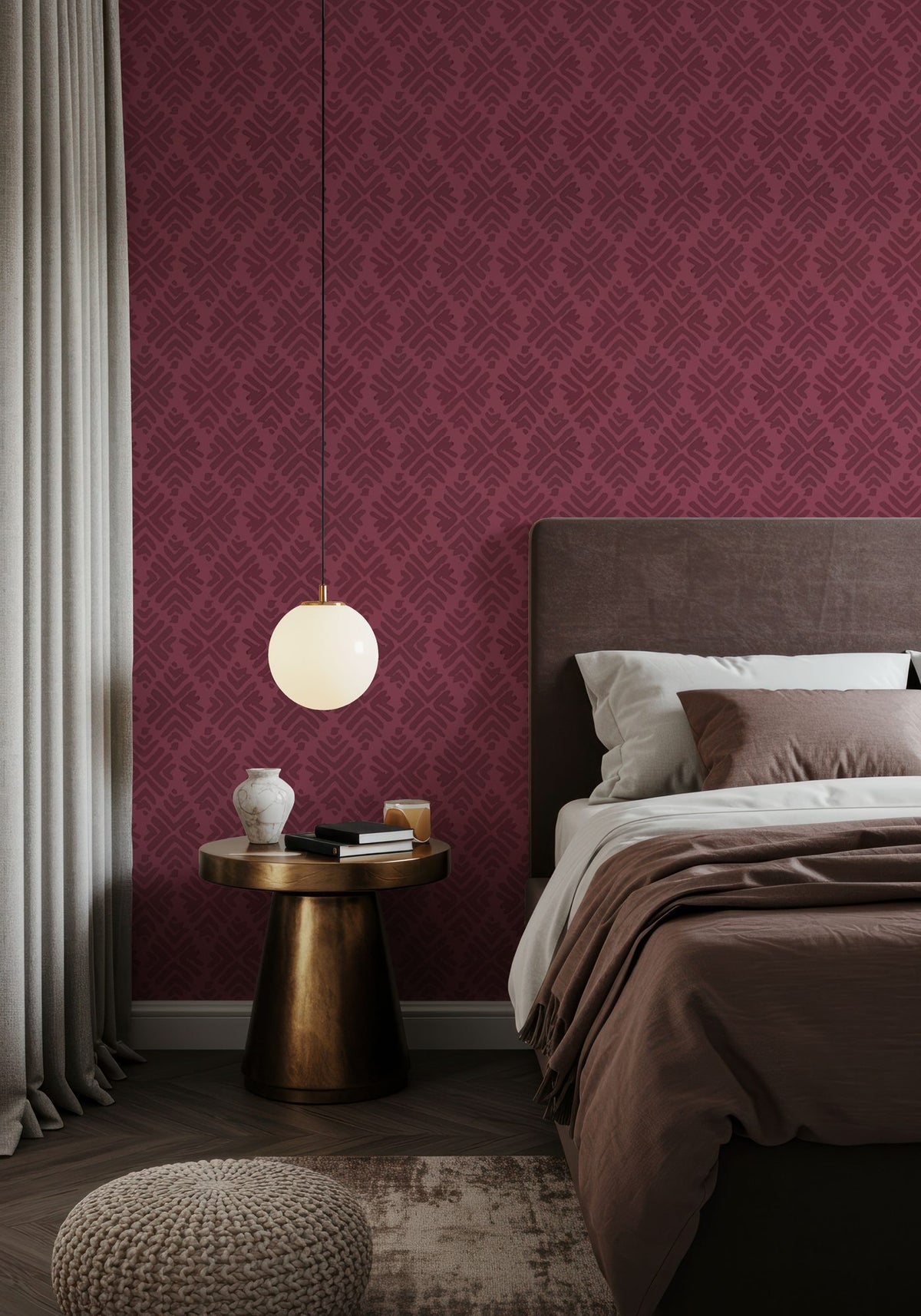 Bohemian Leaves Burgundy Mural Wallpaper - room preview 04