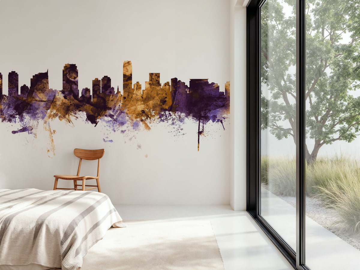 Jersey City New York Skyline Purple & Gold Mural Wallpaper - room preview 04