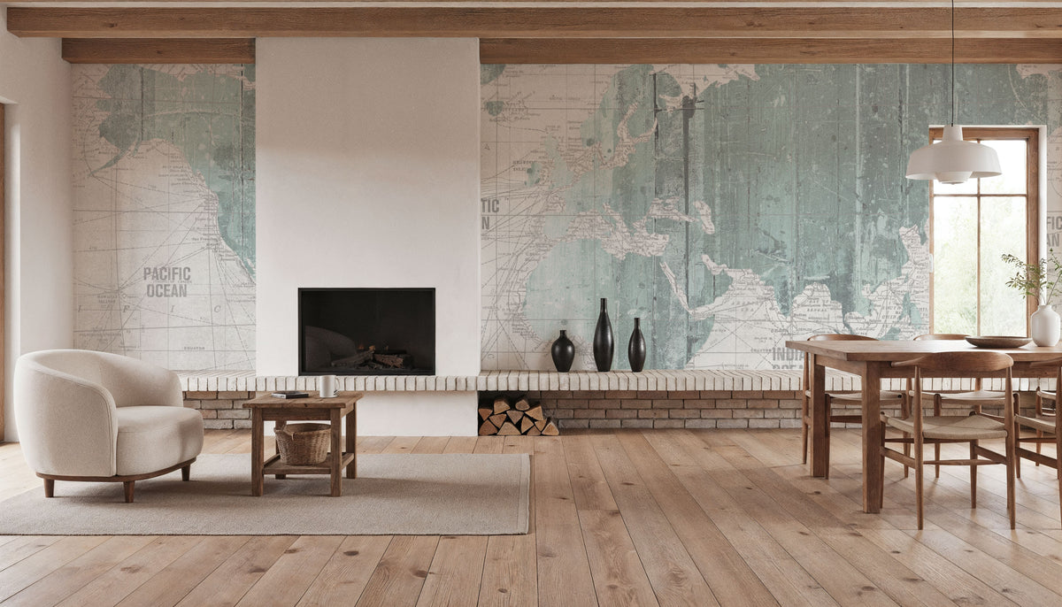 Old World Map Mint Gray Mural Wallpaper - room preview 04