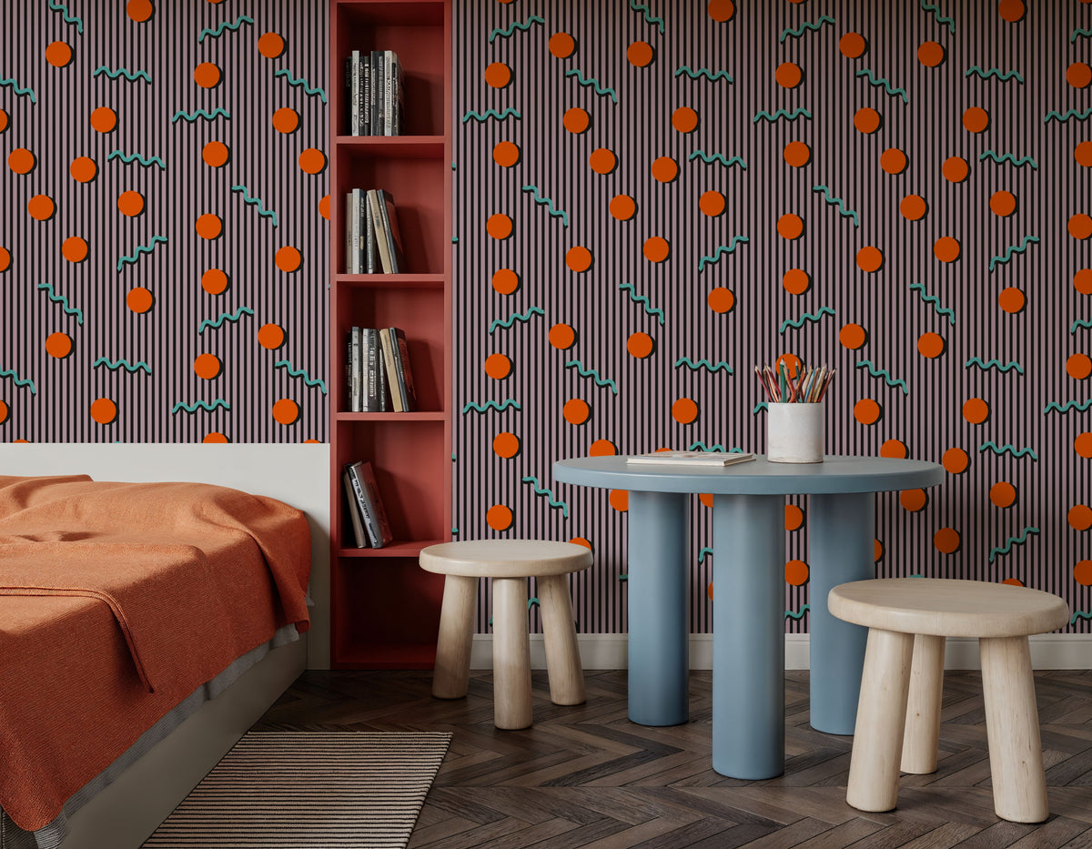 Memphis Dots & Stripes, Pink Mural Wallpaper - room preview 04