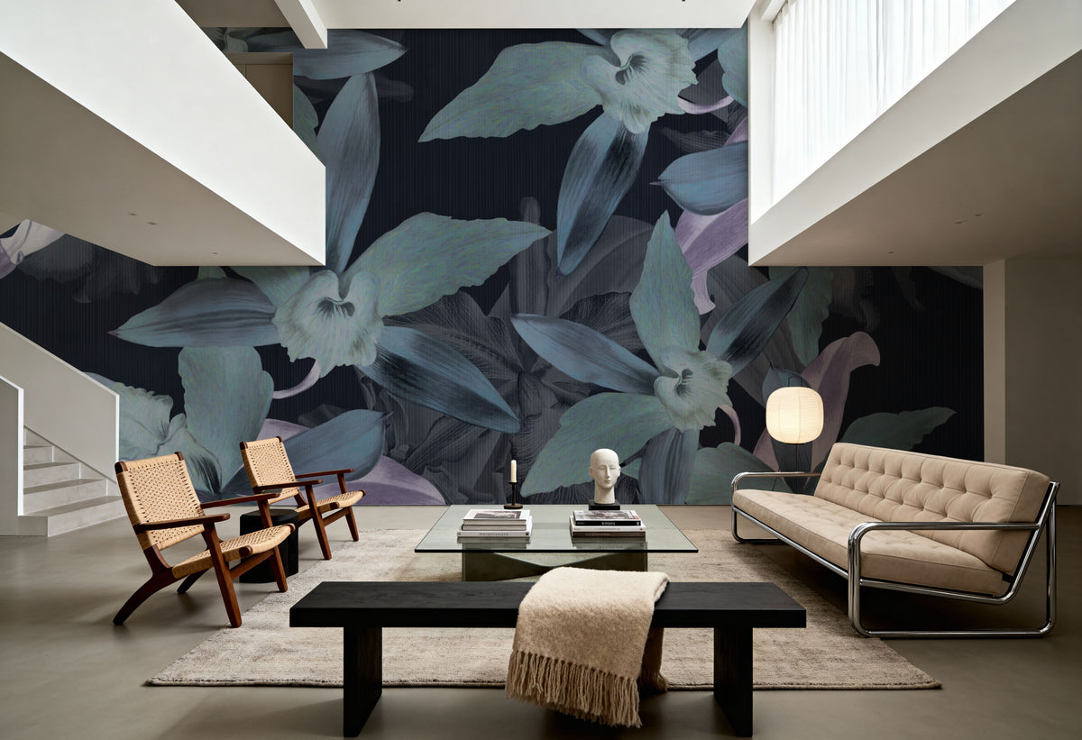 Big Orchids Dark Green Mural Wallpaper - room preview 04