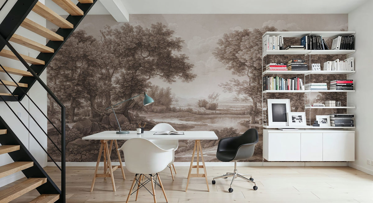 Riverbank Oak Landscape, Sepia Mural Wallpaper - room preview 04