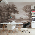 Riverbank Oak Landscape, Sepia Mural Wallpaper - room preview 04