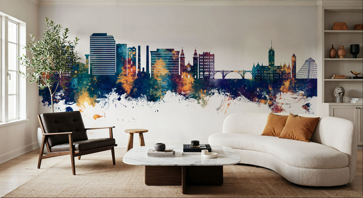 Spokane Washington Skyline Blue & Bronze Mural Wallpaper - room preview 04