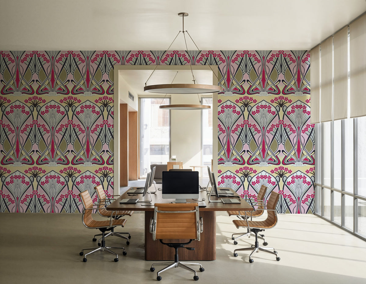 Floral Art Deco Aura, Pink Pop Mural Wallpaper - room preview 04