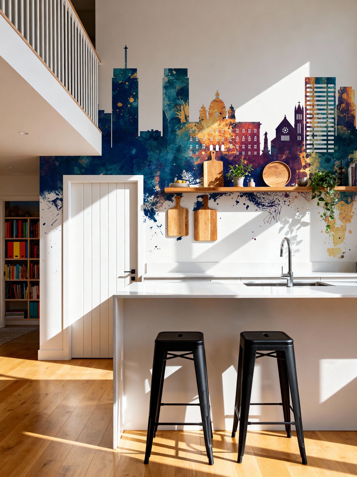 Syracuse New York Skyline Blue & Bronze Mural Wallpaper - room preview 04