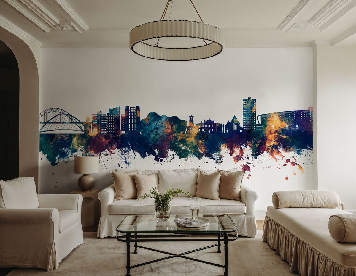 Gateshead England Skyline Blue & Bronze Mural Wallpaper - room preview 04