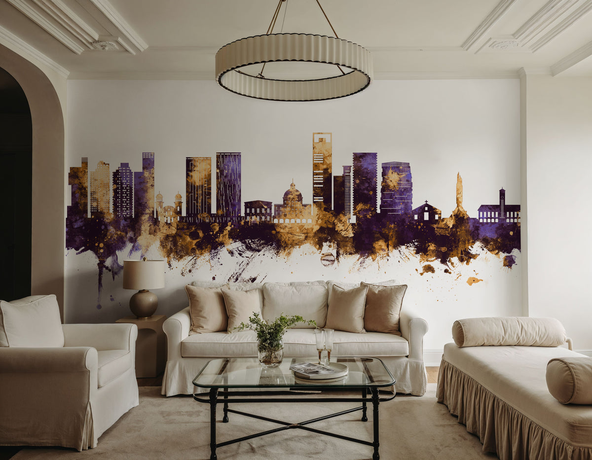 Luanda Skyline Purple & Gold Mural Wallpaper - room preview 04