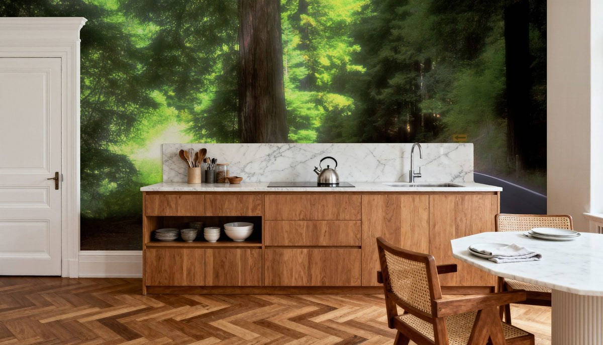 Sunlit Forest Path Mural Wallpaper - room preview 04