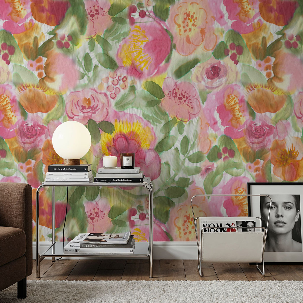 Colourful Watercolor Painted Floral Mural Wallpaper - room preview 04