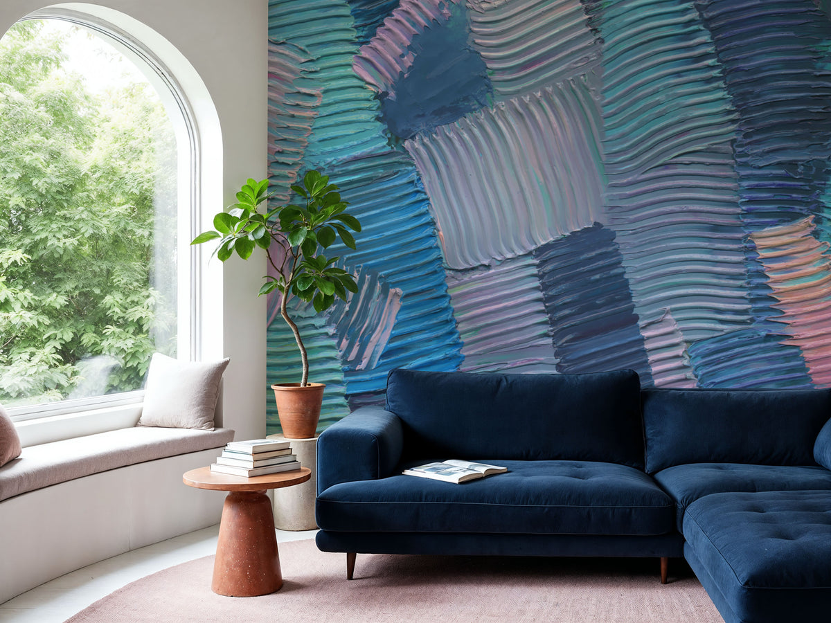 Abstract Stroke Texture Painting, Blue Mural Wallpaper - room preview 04