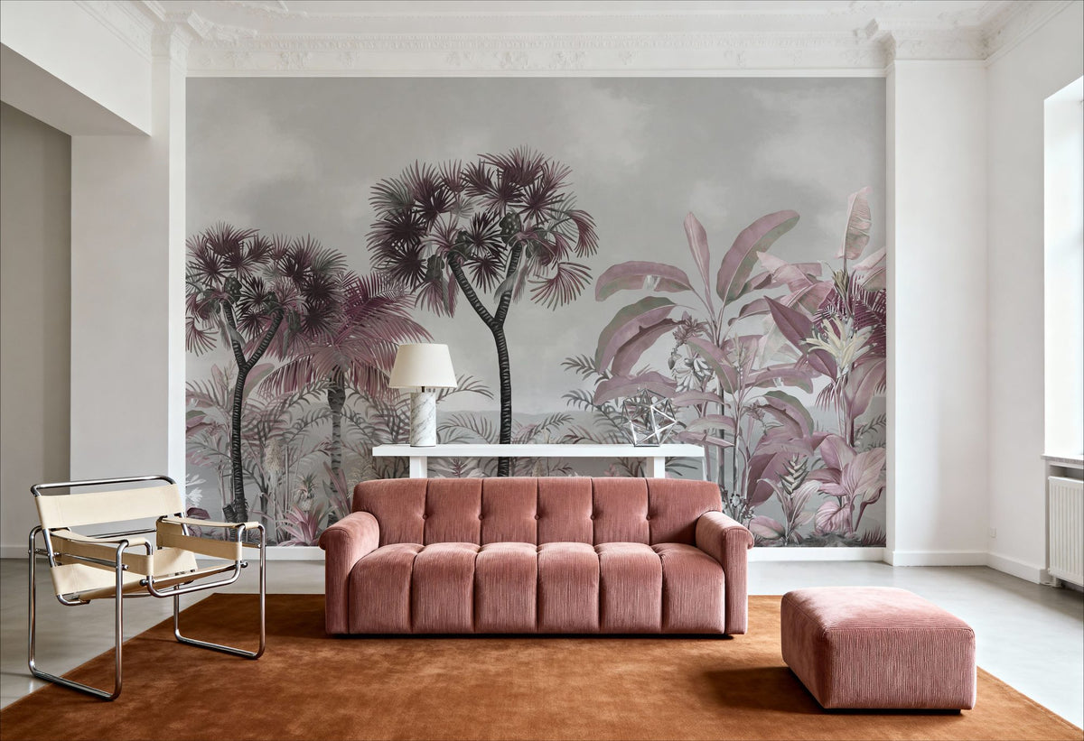 Tropical Forest Strolls Gray Blue Mural Wallpaper - room preview 04