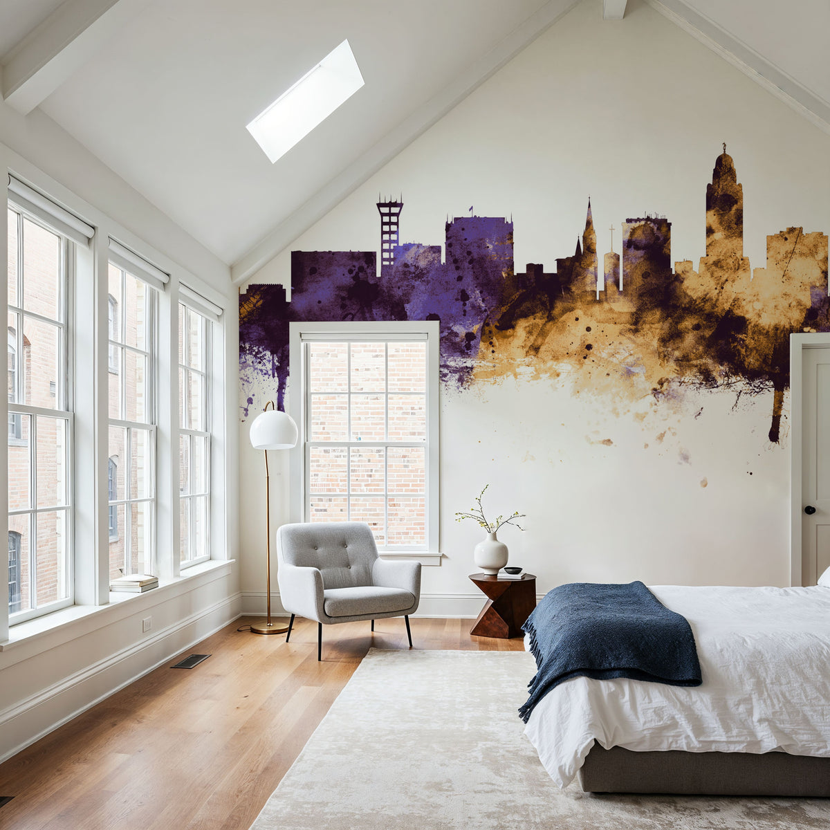 Lincoln Nebraska Skyline Purple & Gold Mural Wallpaper - room preview 04