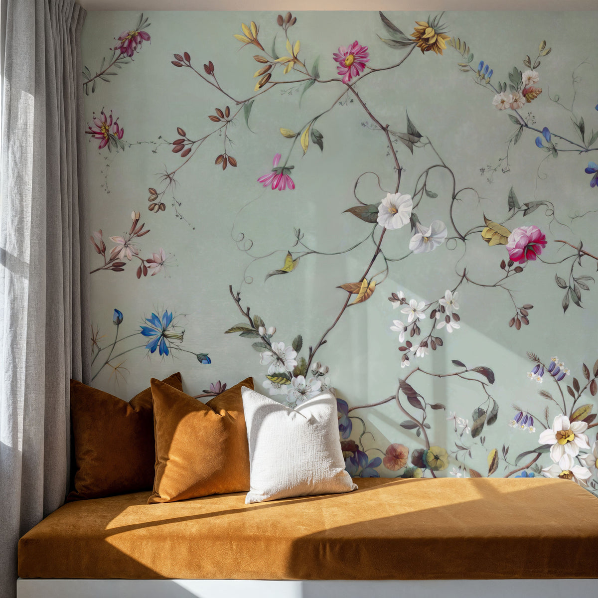 Floral Heaven, Vibrant on Sage Mural Wallpaper - room preview 04