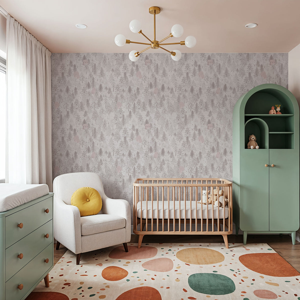 Forest Cabins, Blush Pink Mural Wallpaper - room preview 04
