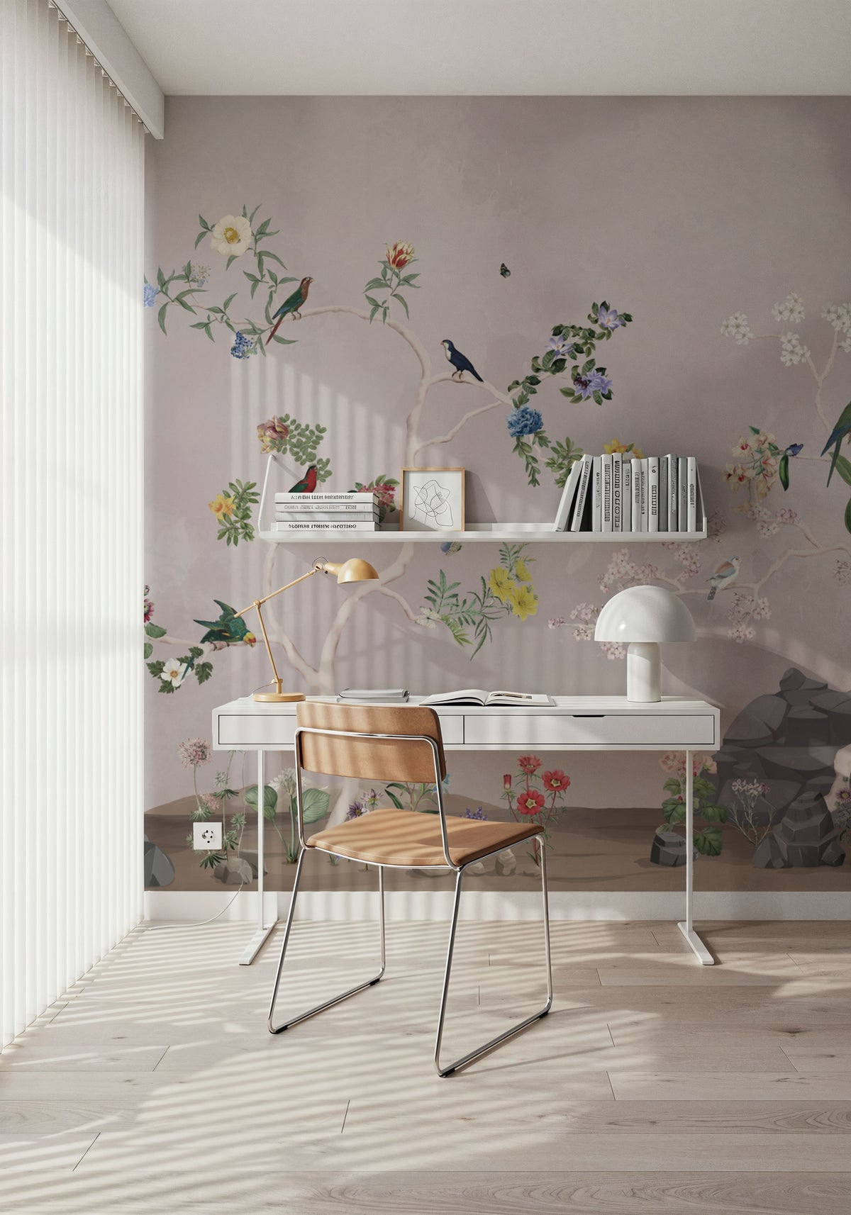 Birds in the Garden Gray Mural Wallpaper - room preview 04