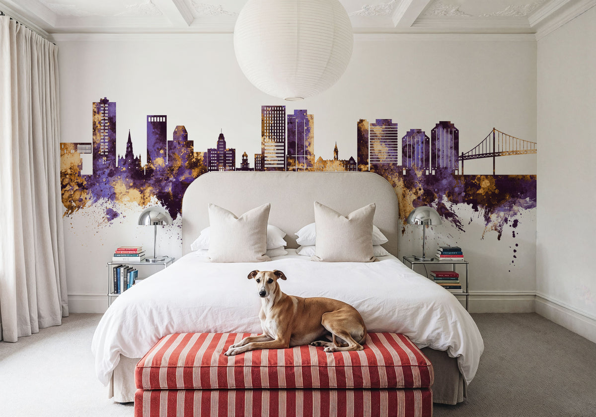 Halifax Canada Skyline Purple & Gold Mural Wallpaper - room preview 04