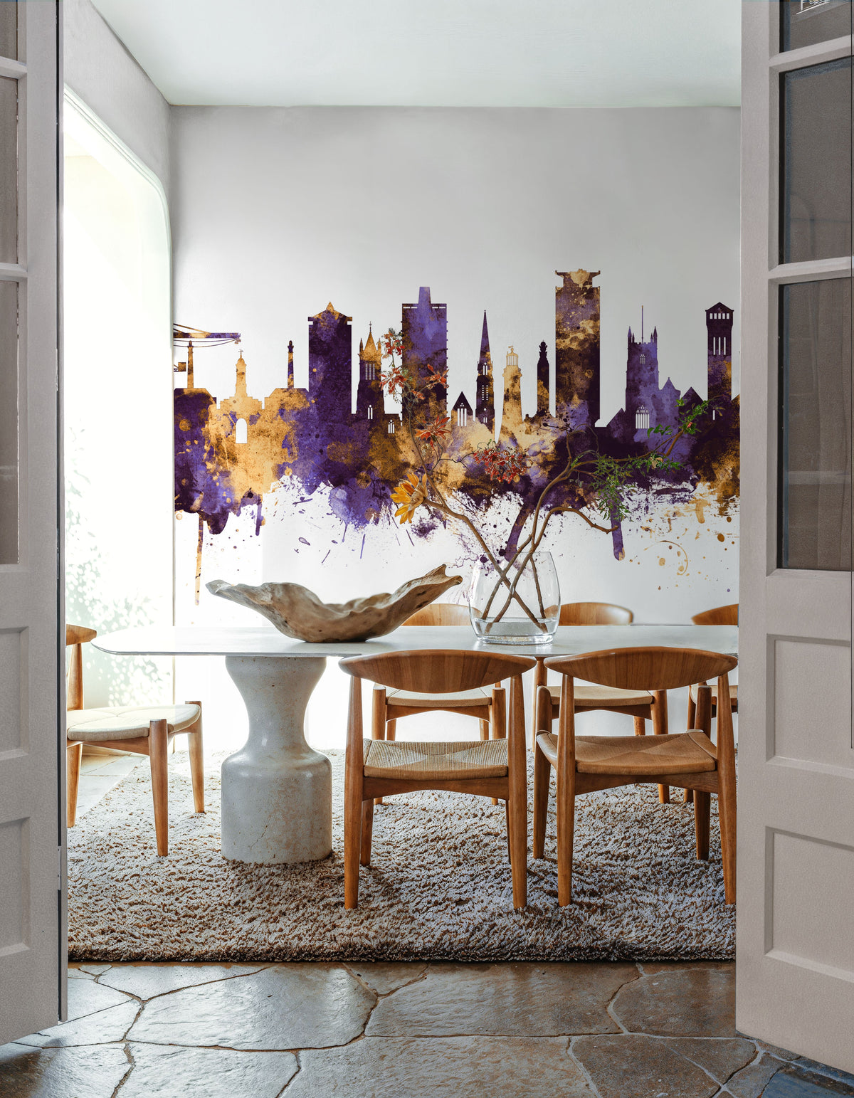 Plymouth England Skyline Purple & Gold Mural Wallpaper - room preview 04