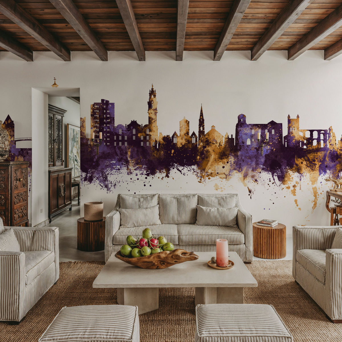 Colchester England Skyline Purple & Gold Mural Wallpaper - room preview 04