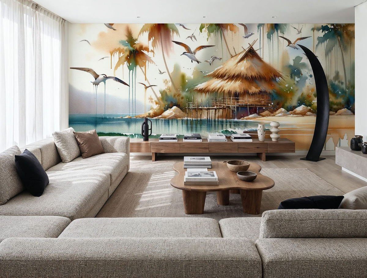 Island Serenity in Abstract Watercolor Mural Wallpaper - room preview 04