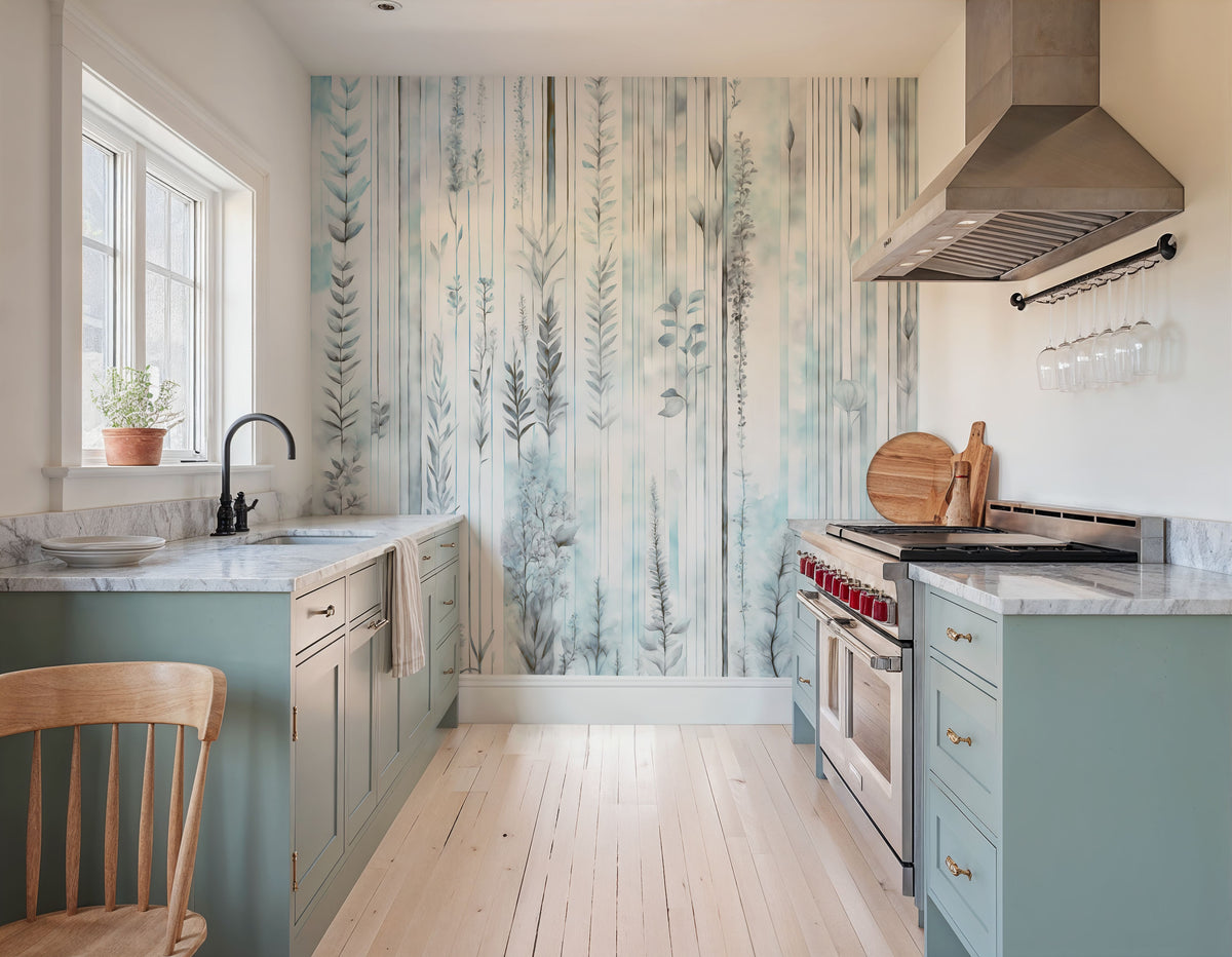 Botanical Wall Teal Mural Wallpaper - room preview 04