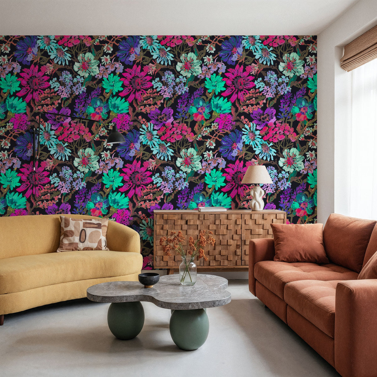 Meadow in Oil Pastel, Cerise Mural Wallpaper - room preview 04