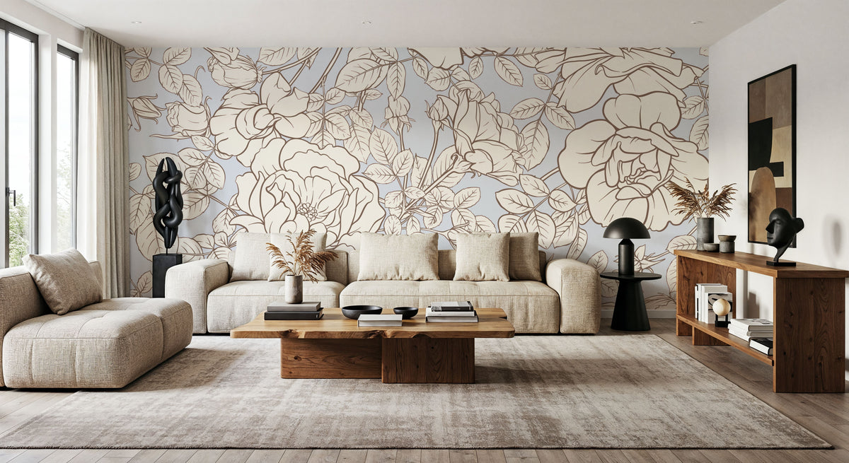 Vintage Rose Blueprint Mural Wallpaper - room preview 04