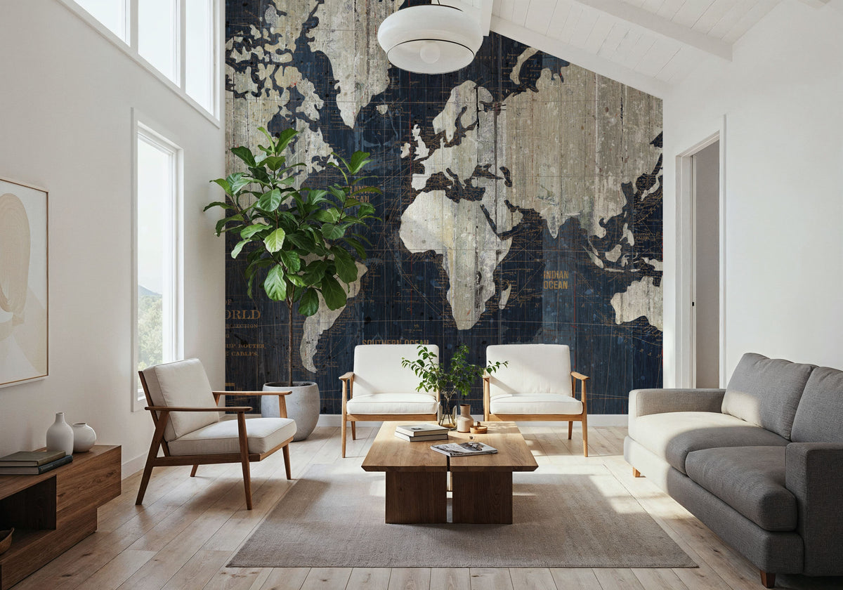 Old World Map Blue V2 Mural Wallpaper - room preview 04