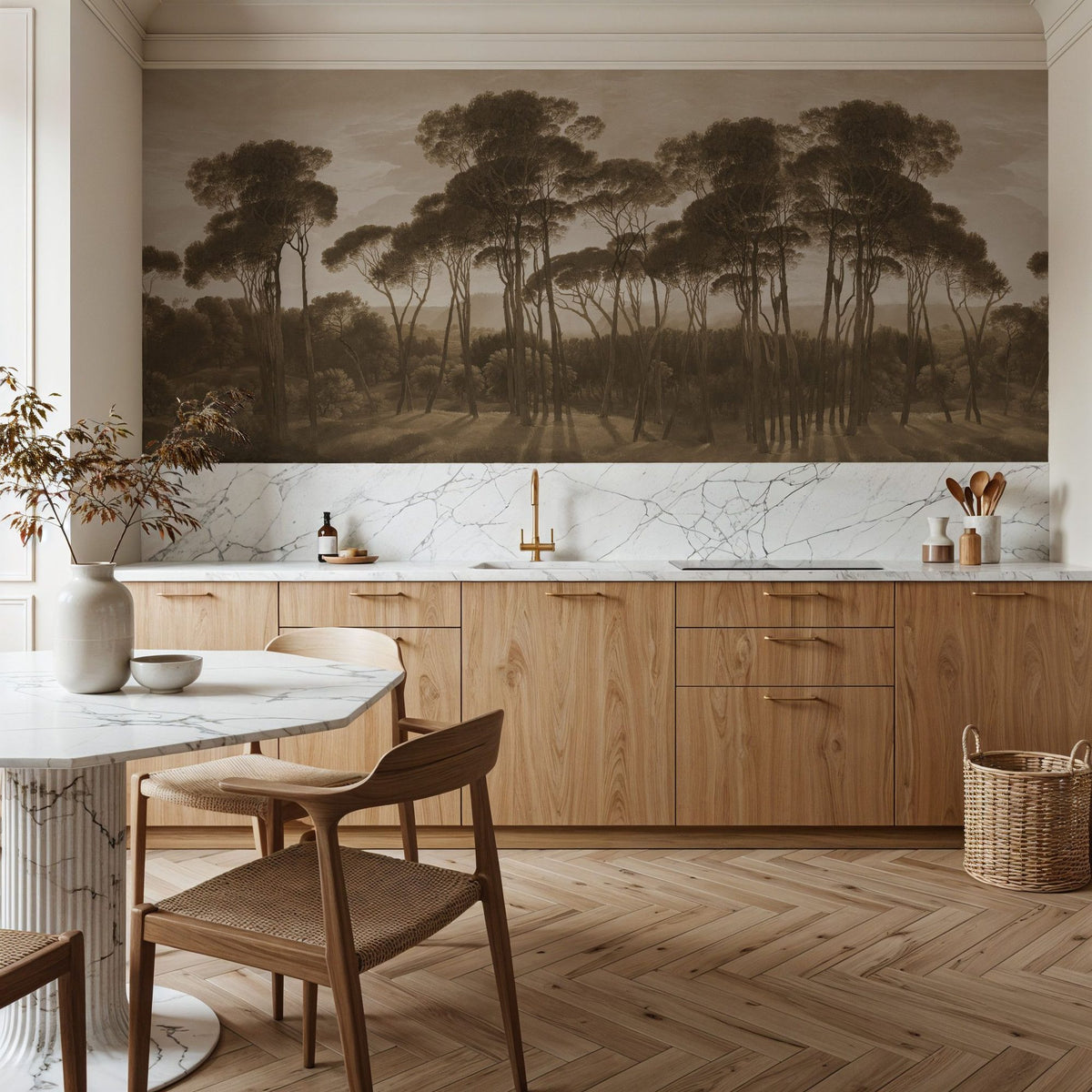 Mediterranean Pine Landscape, Sepia Mural Wallpaper - room preview 04