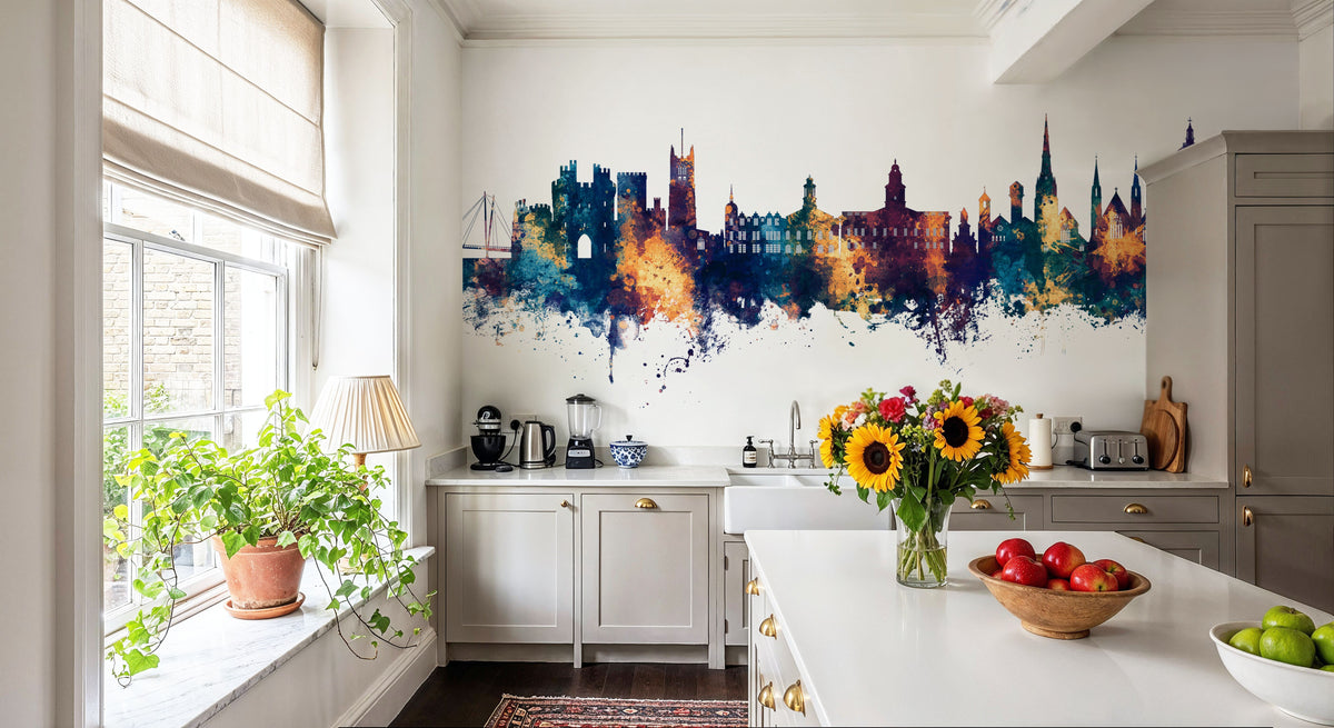 Lancaster England Skyline Blue & Bronze Mural Wallpaper - room preview 04