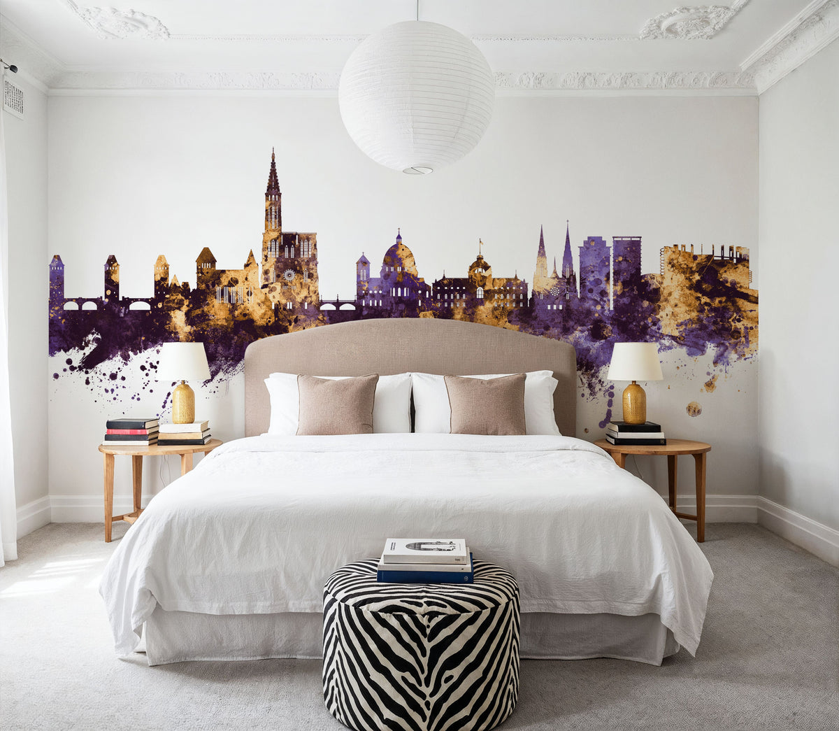Strasbourg France Skyline Purple & Gold Mural Wallpaper - room preview 04