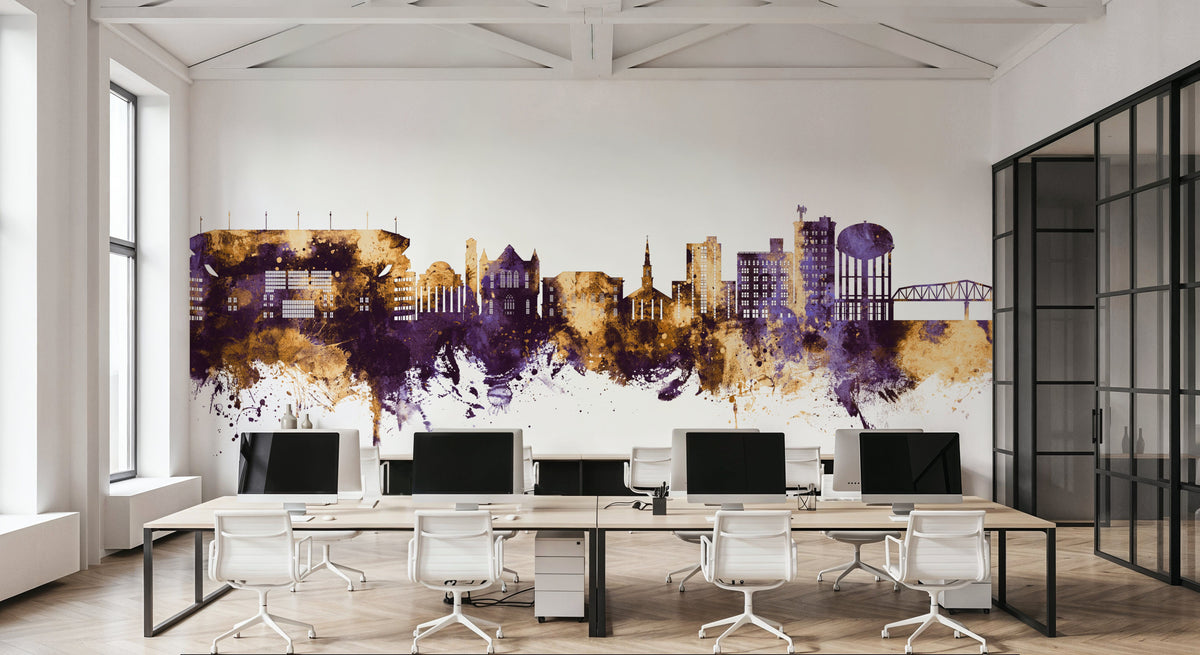 Tuscaloosa Alabama Skyline Purple & Gold Mural Wallpaper - room preview 04