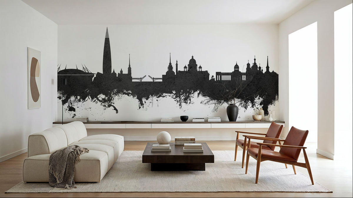 St Petersbug Russia Skyline Black & White Mural Wallpaper - room preview 04