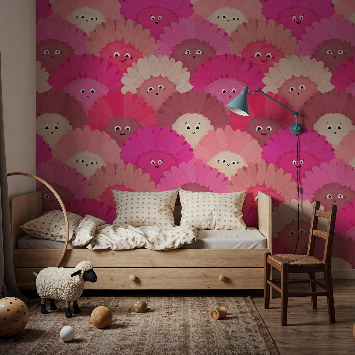 Cute Pink Flower Faces Mural Wallpaper - room preview 04