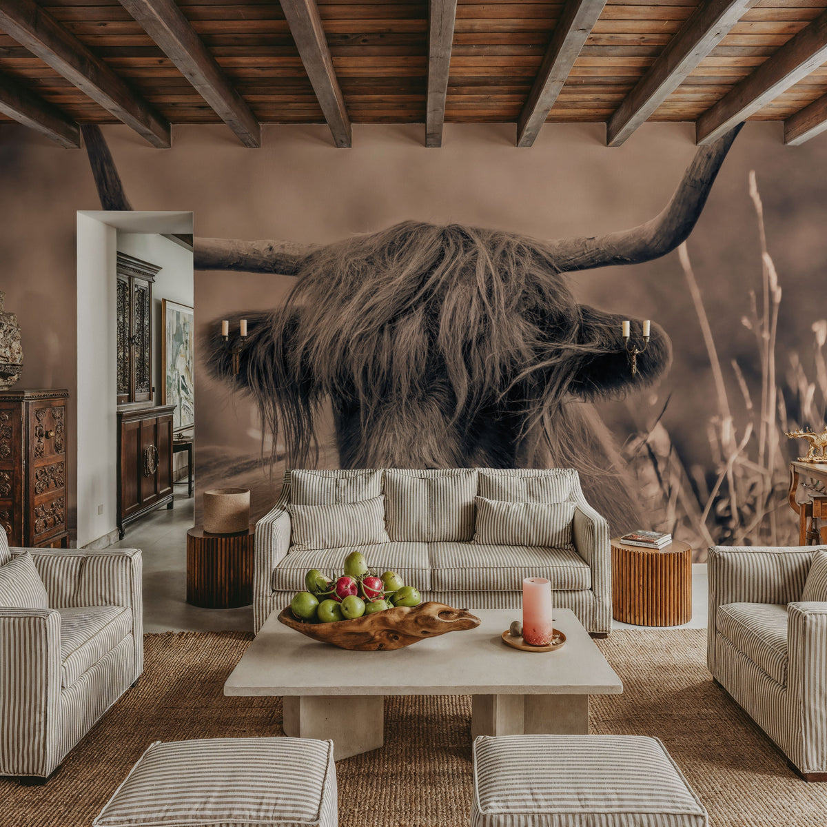 Highland Meadow Portrait Sepia Mural Wallpaper - room preview 04