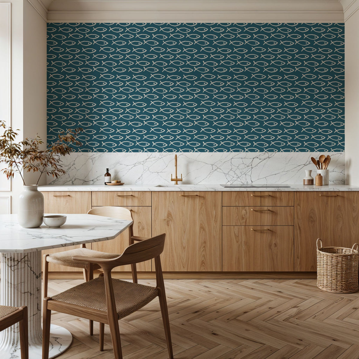 Seaside Fish Dark Blue Mural Wallpaper - room preview 04