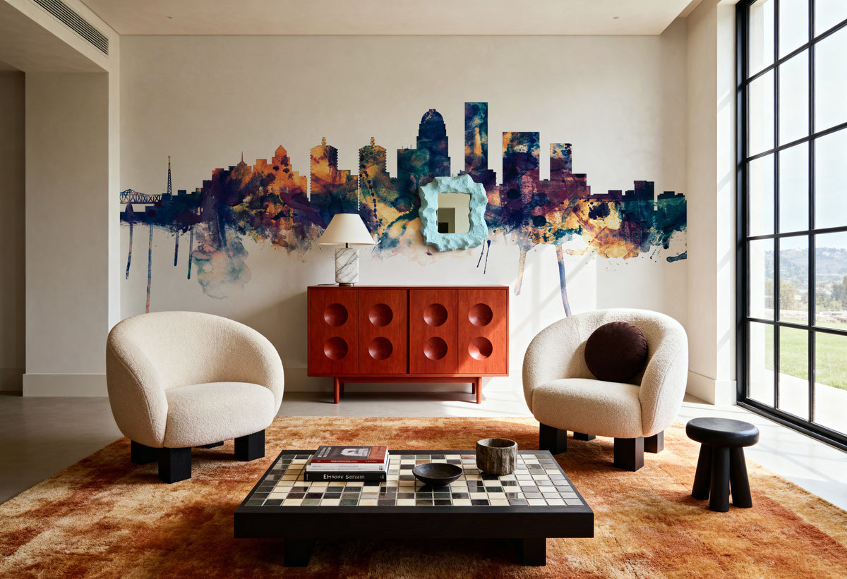 Louisville Kentucky Skyline Blue & Bronze Mural Wallpaper - room preview 04