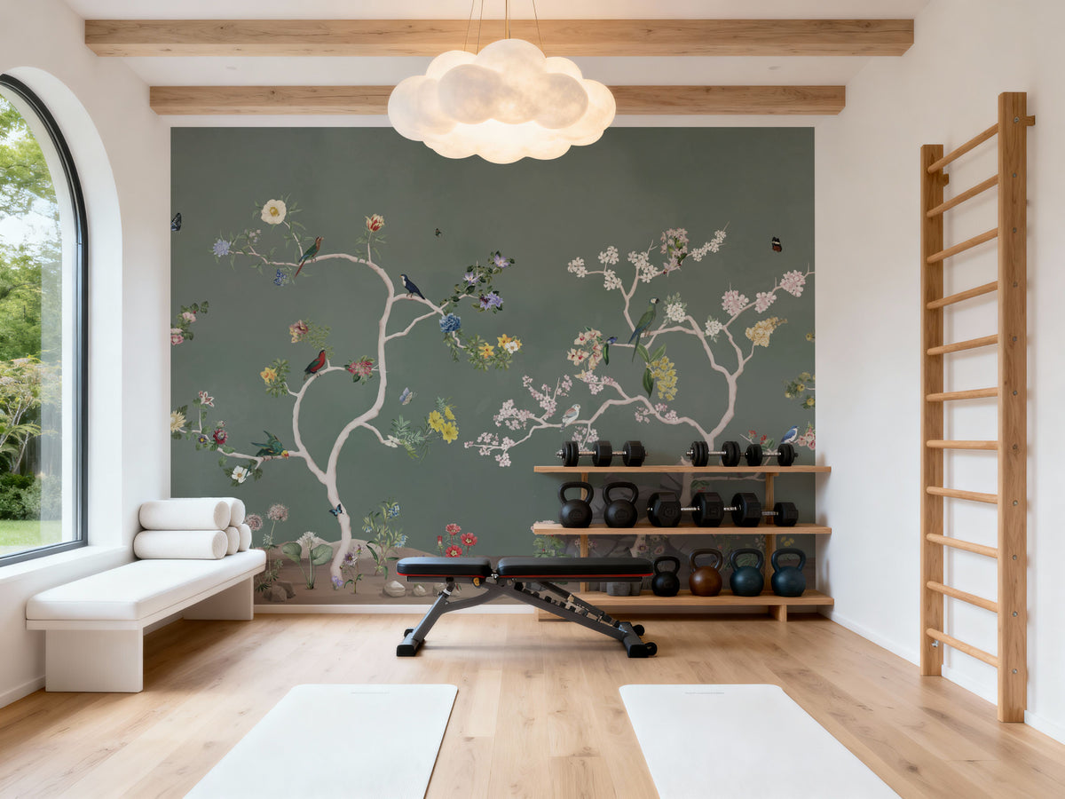 Birds in the Garden Dark Green Mural Wallpaper - room preview 04