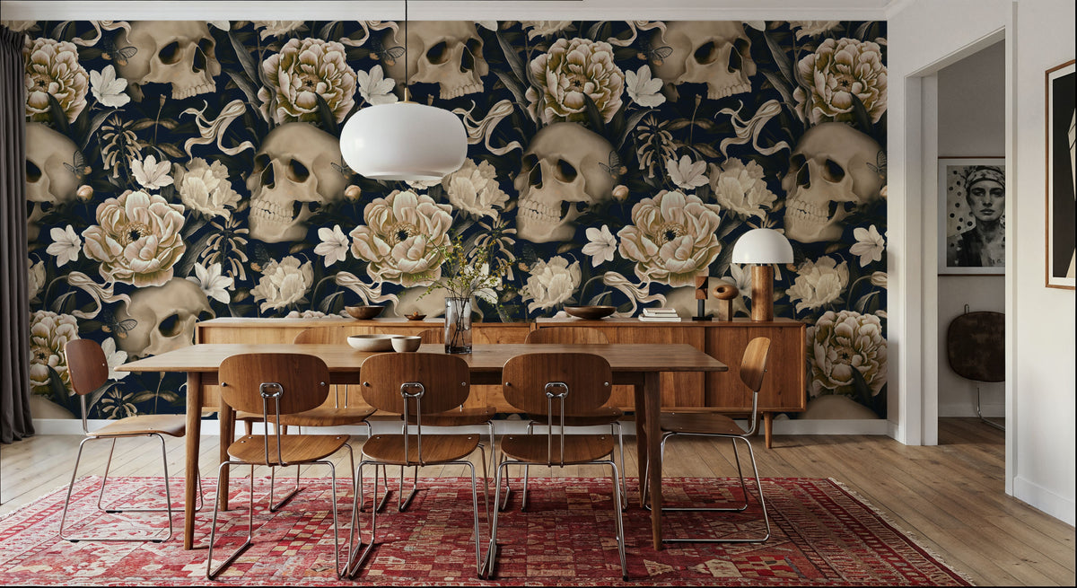 Peonies and Skulls Dark Blue Mural Wallpaper - room preview 04