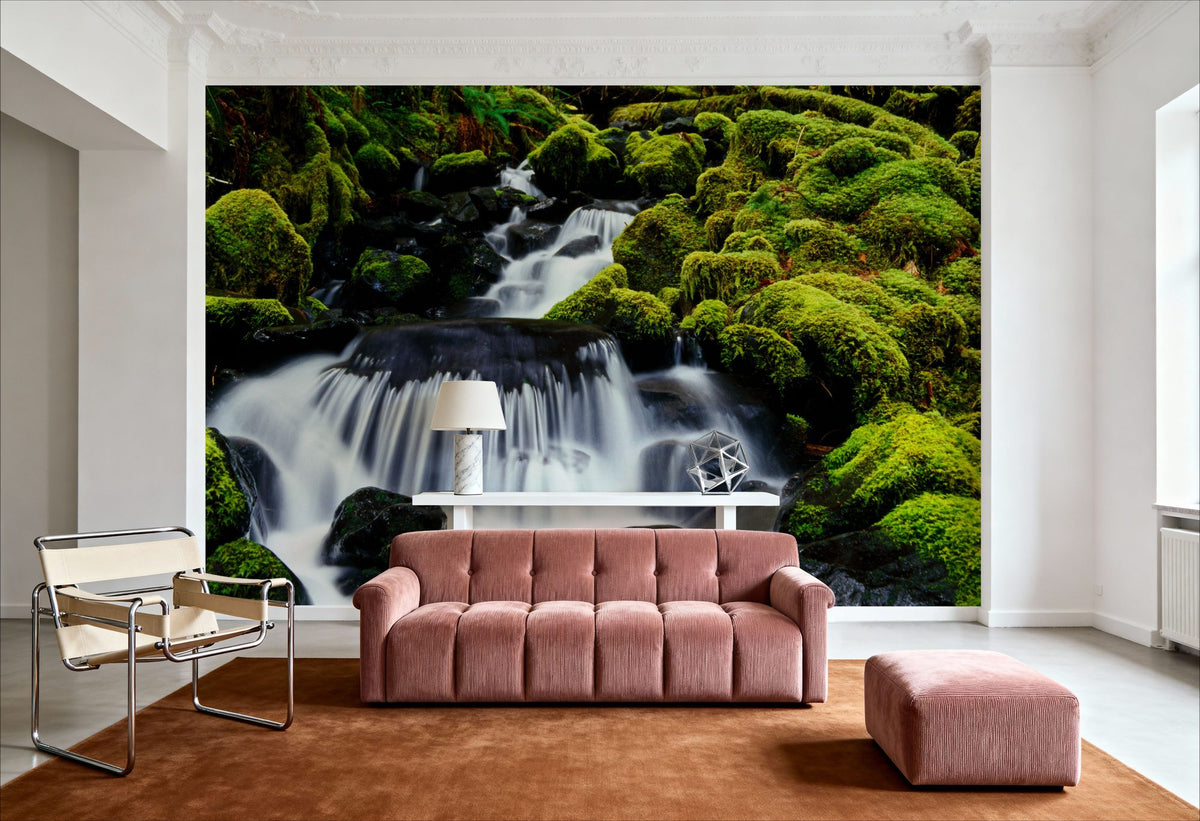 Mossy Rock Waterfall Mural Wallpaper - room preview 04