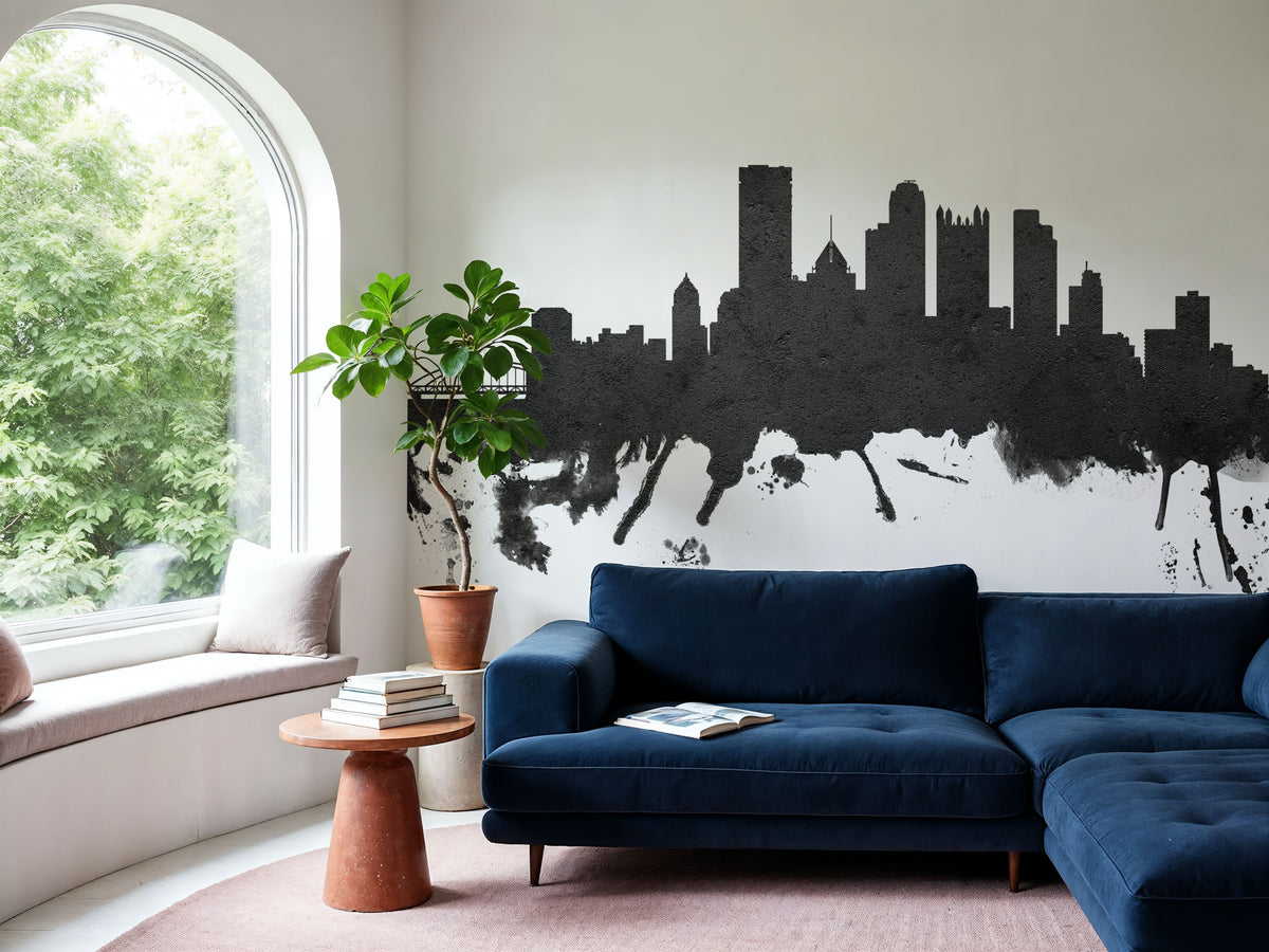 Pittsburg Pennsylvania Skyline Black & White Mural Wallpaper - room preview 04