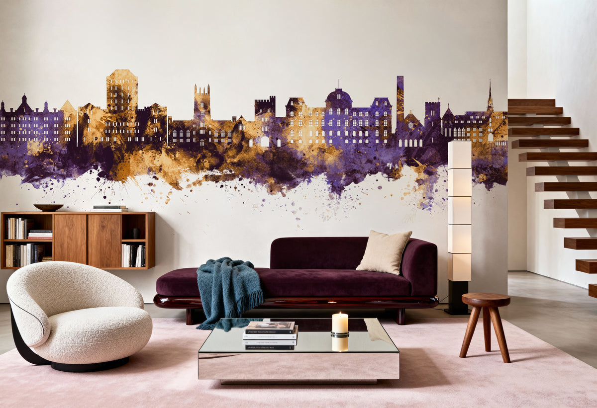 Poughkeepsie New York Skyline Purple & Gold Mural Wallpaper - room preview 04
