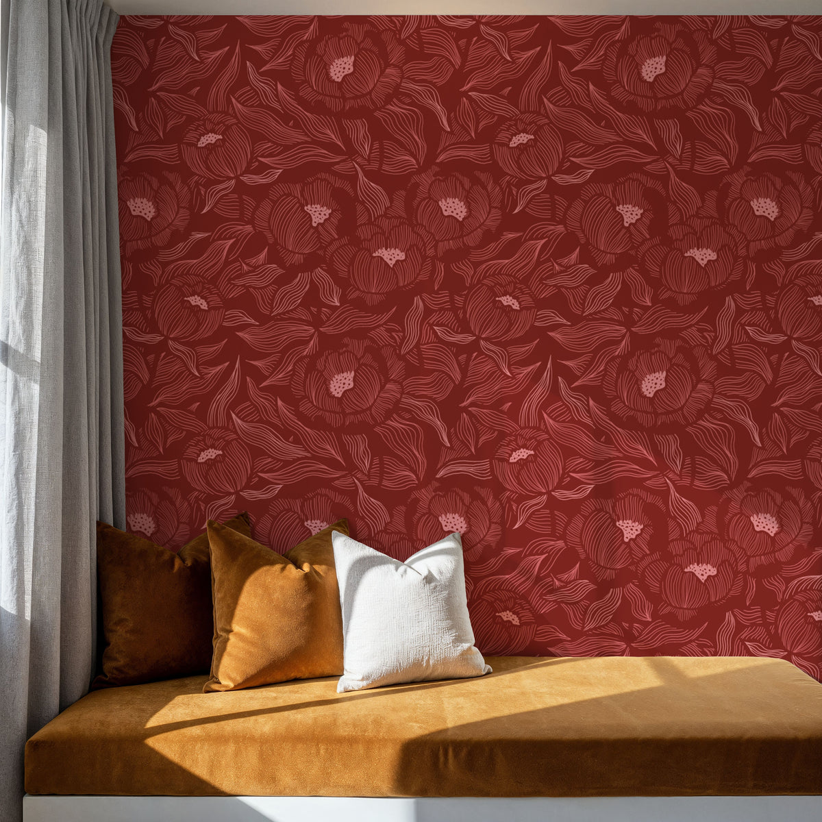 Hidden Peonies, Pink on Brick Mural Wallpaper - room preview 04