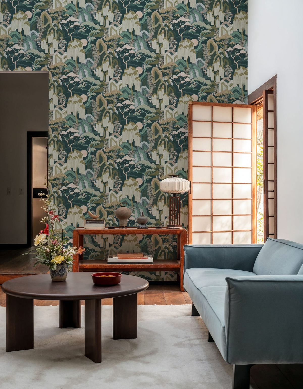 Whispers of the Mountain Pattern, Green Mural Wallpaper - room preview 04
